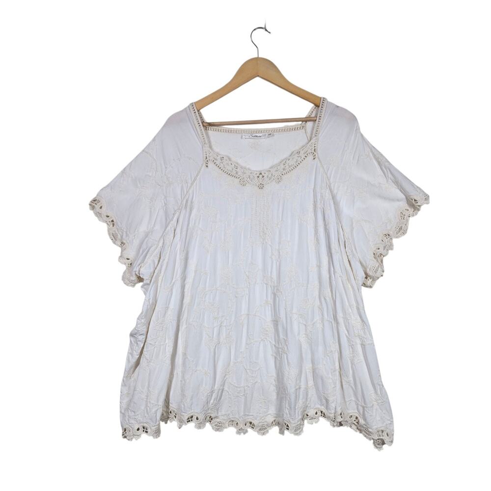 Solitaire Ivory Crochet Trim Top 3X Cover Up Blouse Boho Embroidered Cottagecore